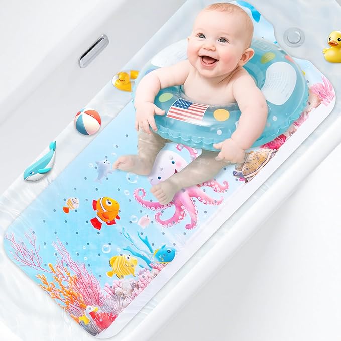 Kids Bath Mat with Ocean Theme Design, 40x16 inches, Non-Slip with 200 Suction Cups, Cartoon Sea Animals Pattern (Octopus, 40 * 16in)