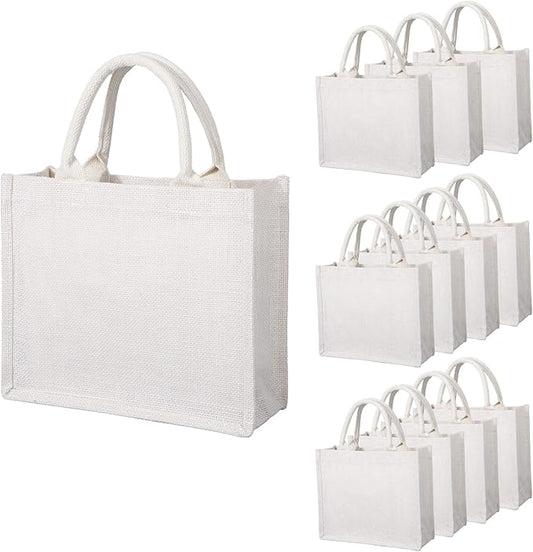 Segarty Tote Bags, 12 Pack Small White Burlap Jute Reusable Canvas Gift Favors Bag with Handles Blank Tote Bulk for Bridesmaid Wedding, Women Market Grocery Shopping, Bachelorette Party, Beach Trip