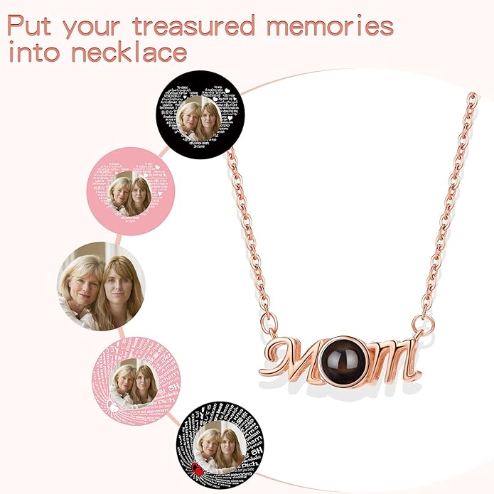 SUPHELPU Personalized Mother's Day Gifts for Mom From Daughter - Custom Photo Necklace With Picture Inside - Projection Necklace for Mom - Memorial Gift