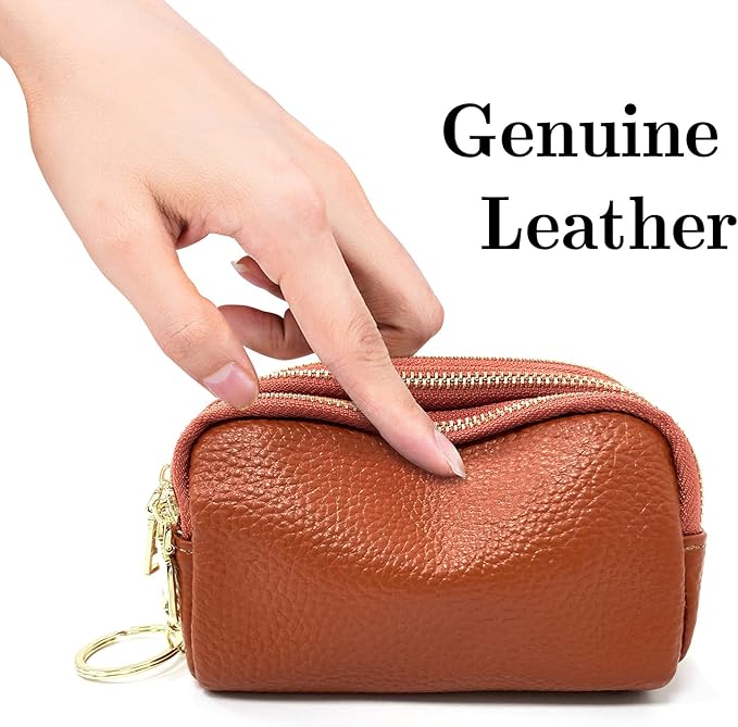 LINNO 3 Zippered Genuine Leather Coin Purse Triple Capacity Change Pouch Little Travel Wallet With Key Ring for Women