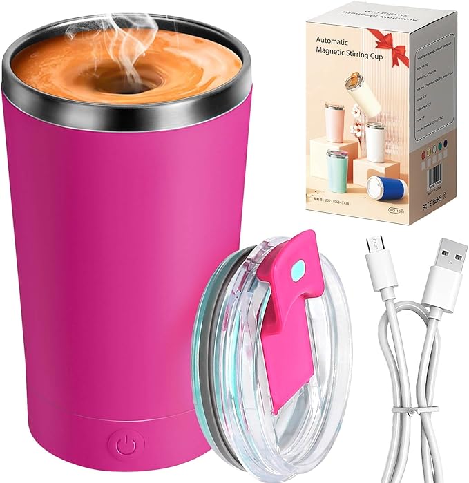 hatisan Self Stirring Coffee Mug With Lid Electric High Speed Self Stirring Mug 400ml Rechargeable Detachable Stainless Steel Self Stirring Cup for Coffee, Milk, Cocoa Christmas Gift(Rose red)