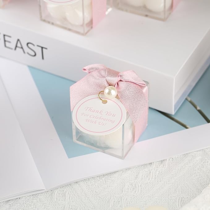 ACITHGL 30 Sets Small Bubble Candle Wedding Candles Favors for Guests Bulk Bridal Shower Favors Candles with Stylish Ribbons Thank You Cards Gifts (Shimmering Pink)