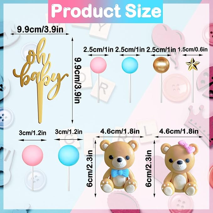 38 Pieces Bear Cake Topper Decorations Set- Oh Baby Cake Topper，Stars，Pearl Balls Cake Decoration for Gender Reveal party Baby Shower Supplies, He or She Gender Reveal Party（blue and pink）