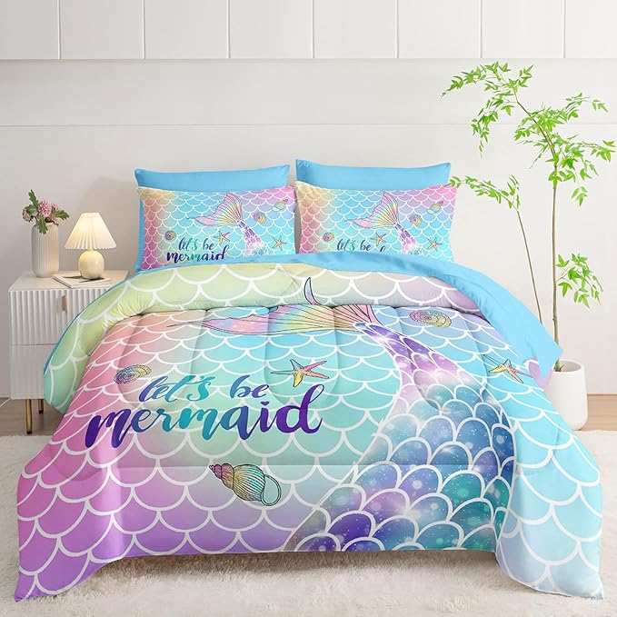7Pcs Mermaid Tail Comforter Set Rainbow Scales Printed Bedding Set with 1 Comforter, 1 Flat Sheet, 1 Fitted Sheet and 4 Pillowcases for Girls Bedroom All Season(Twin)