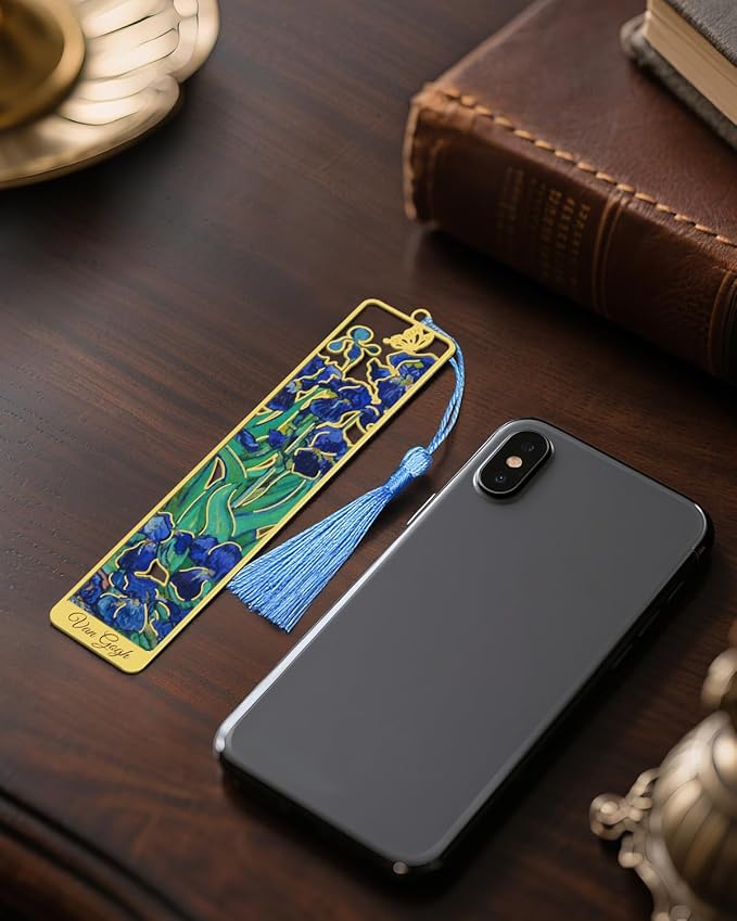 8 Pieces Metal Bookmarks with Tassel, Golden Hollow Bookmark Van Gogh Monet Oil Painting Theme Book Mark for Book Lovers Writers Readers Children Teens Men Women Adults