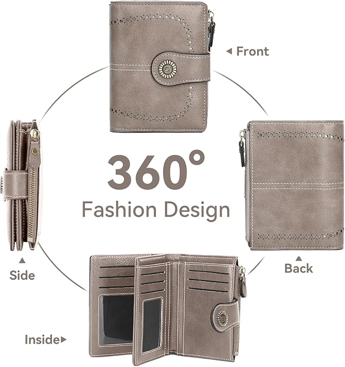 Women's Small Genuine Leather Bifold Wallet Large Capacity RFID Blocking with 16 Card Slots 2 ID Windows and Zipper Coin Pocket Pink (Grey)