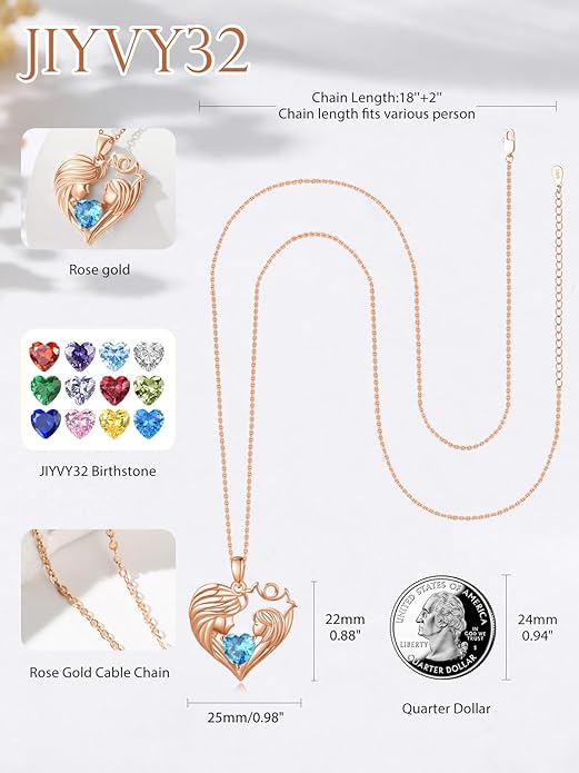 Mother and Daughter/Son Love Heart Necklace White Gold/14K Gold/Rose Gold Birthstone Jewelry Christmas Mothers Day Birthday Gifts For Mom Wife Grandma Women