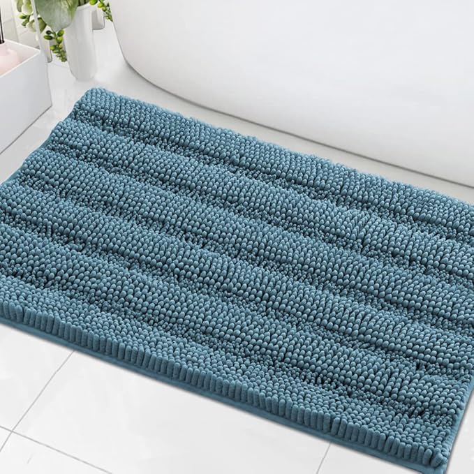 H.VERSAILTEX Bath Mats for Bathroom Non Slip Extra Thick Chenille Striped Bath Rug 24" x 36" Absorbent Non Skid Fluffy Soft Shaggy Rugs Washable Plush Mats for Indoor, Bath Room, Tub - Turquoise Blue