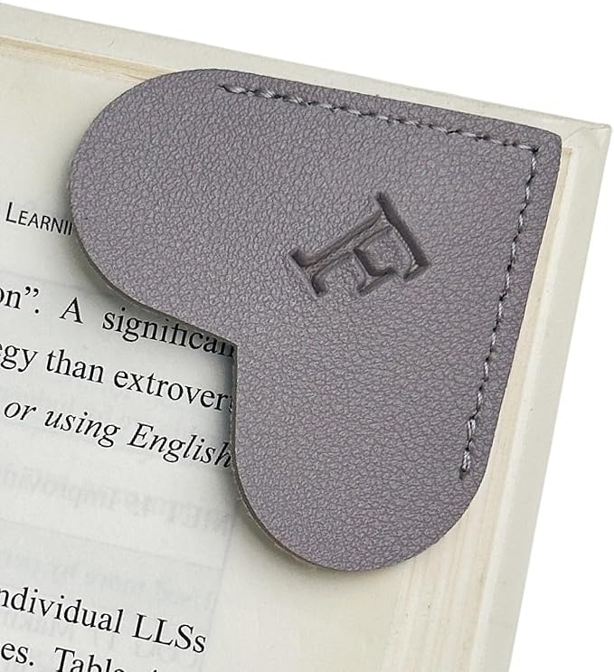 MOTEERLLU Personalized Leather Heart Bookmark with Initial, Cute Letters Custom Corner Book Mark for Reading Women, Teacher, Student, Book Lovers Gifts, Book Accessories (Grey, F)
