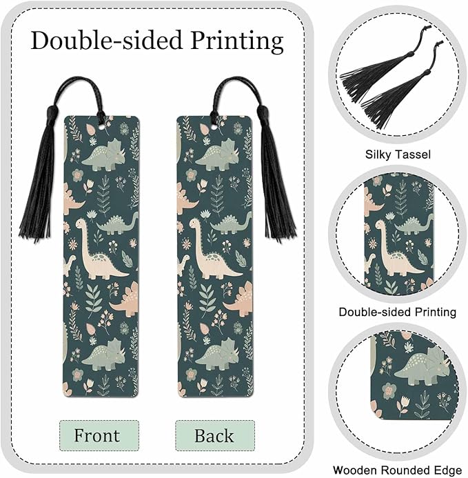 Cute Dinosaur 5 Pcs Bookmarks Tropical Leaf Flower Green Wooden Bookmarks with Tassel for Students Reader Teachers Book Lovers