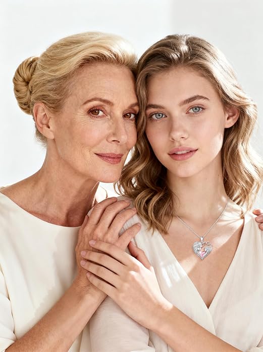 Mother and Daughter/Son Love Heart Necklace White Gold/14K Gold/Rose Gold Birthstone Jewelry Christmas Mothers Day Birthday Gifts For Mom Wife Grandma Women