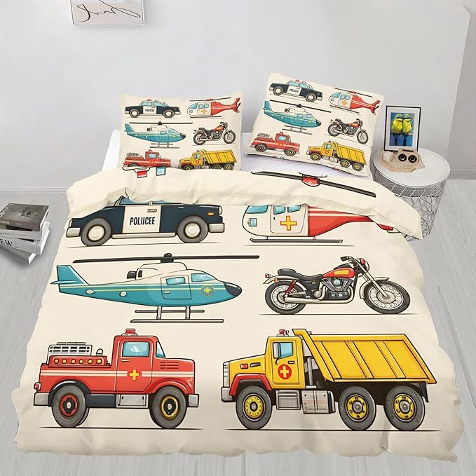 Vintage Rescue Vehicles Bedding Set Full Size Police Car Fire Truck Duvet Cover Emergency Vehicle Comforter Cover Children's Cartoon Car Bedding Set with Zipper Ties for Bedroom