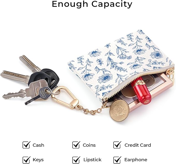 Blue Flower Keychain Coin Purse for Women, Abstract Small PU Leather Change Pouch, Zipper Little Tiny Travel Wallet for Girls, Cute Kawaii Zip Pocket Coin Holder with Key Ring