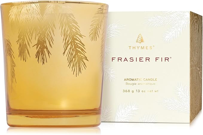 Thymes Frasier Fir Candle – Pine Needle Design – Holiday Scented Candle – Notes of Crisp Siberian Fir, Cedarwood & Sandalwood – Luxury Home Fragrance Gifts for Women & Men – Gold (Gilded, 13 oz)