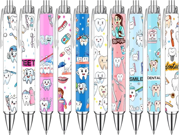 Idealmuzik Cute Dental Pens Set – Tooth & Dentist-Themed Ballpoint Pens for Dental Hygienists, Assistants– Fun Oral Care Stationery for Clinic, or Office – Perfect Dentist Gift, 10 Pack