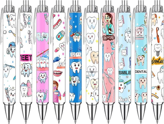 Idealmuzik Cute Dental Pens Set – Tooth & Dentist-Themed Ballpoint Pens for Dental Hygienists, Assistants– Fun Oral Care Stationery for Clinic, or Office – Perfect Dentist Gift, 10 Pack