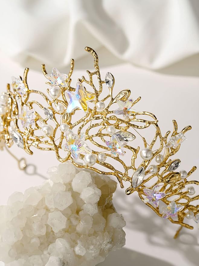 SWEETV Mermaid Tiara for Girls Women, Gold Princess Crown Diadem, Jeweled Headpiece Costume Hair Accessories for Birthday Prom Quinceanera Halloween