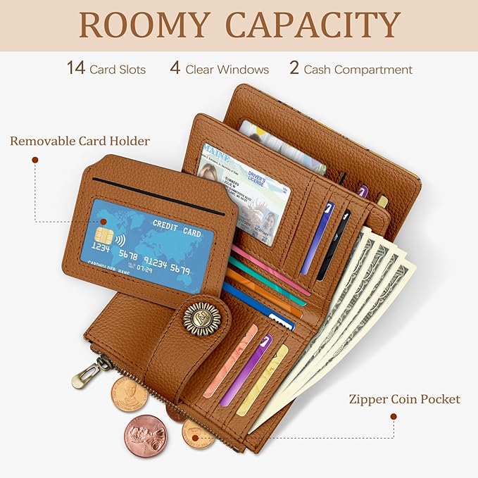 Highland Cow Small Wallet Women RFID Blocking Bifold, Cute Credit Card Holder, Zipper Coin Pocket, PU Leather, Compact, Travel, 4 ID Window, 14 Card Slots, Western, Cash Purse, Ladies Woman