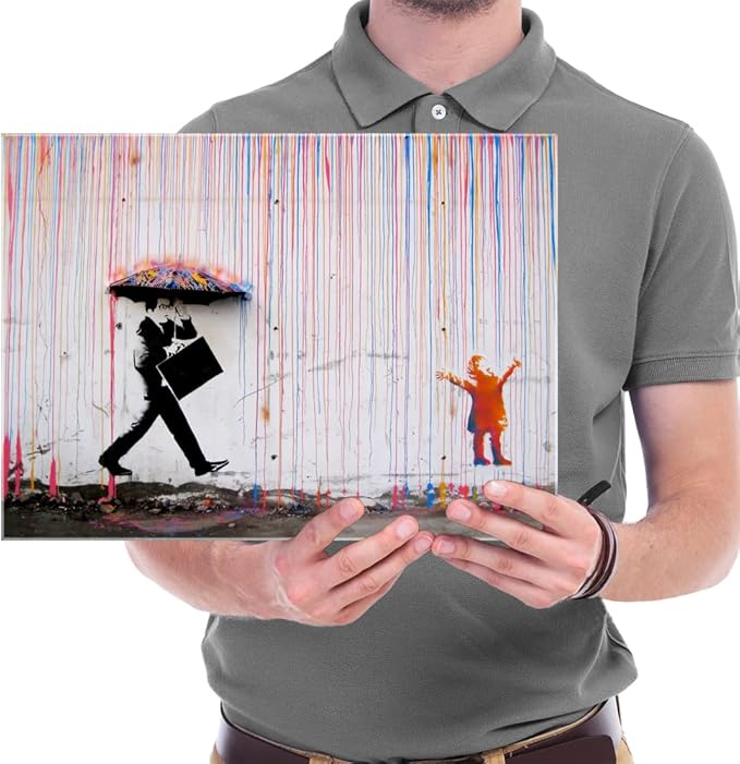 Wieco Art Banksy Raining Day or Colorful Graffiti Street Famous Canvas Paintings Wall Art Modern Inspirational Grey Love Pictures Print Artwork for Dining Room Kitchen Home Office Decor