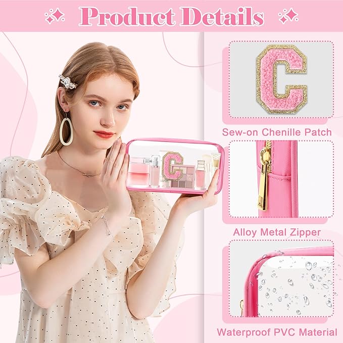 Personalized Initial Letter Clear Makeup Bag,Preppy Small Nylon&PVC Cosmetic Zipper Bag with Chenille Letter,Portable Beach Travel Skincare Toiletry Bag,Trendy Monogram Gift for Teen Girls Women,C
