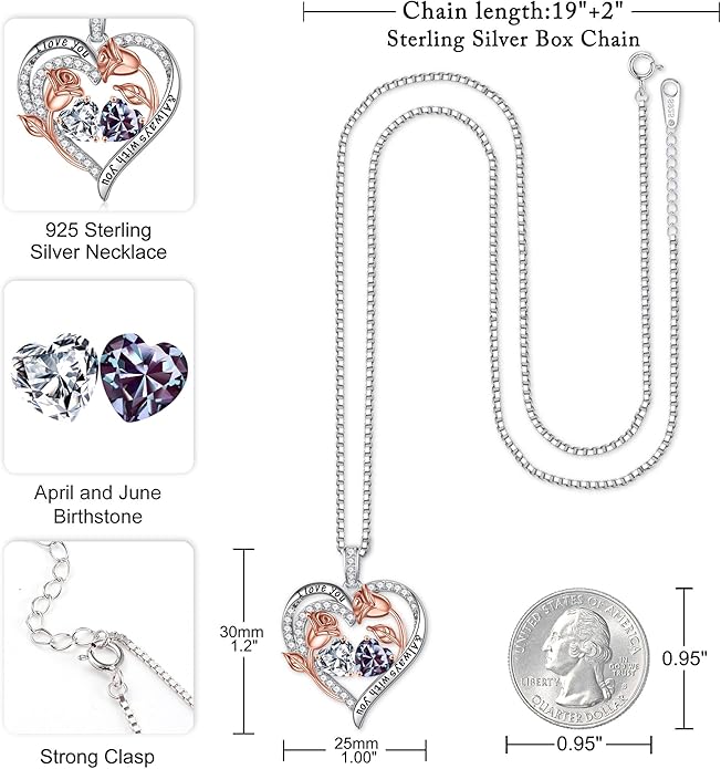 Iefil Valentines Day Gifts for Her - 925 Sterling Silver Rose Heart Birthstone Necklace Birthday Anniversary Jewelry Gifts for Her Wife Mom Daughter