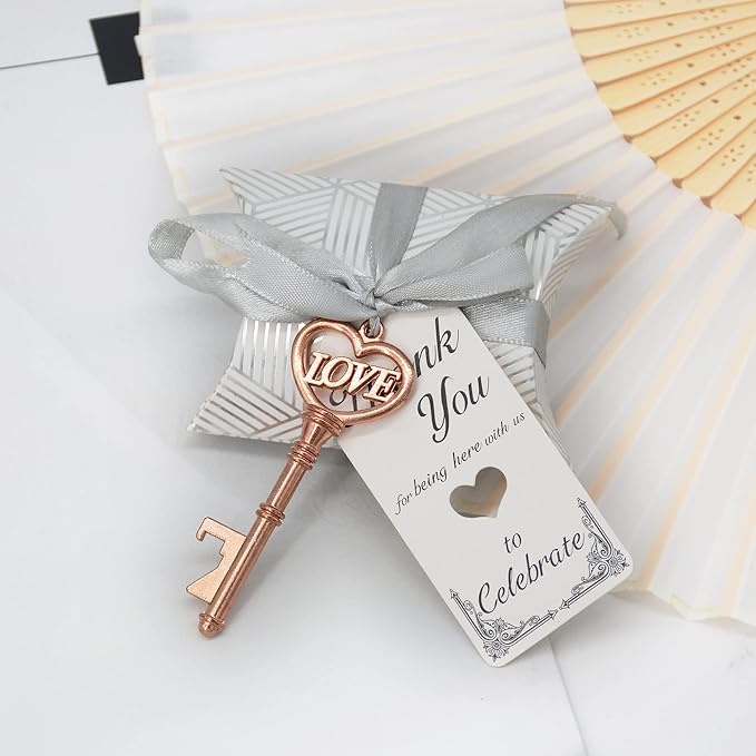 Aokbean 50 pcs Vintage Skeleton LOVE Key Bottle Openers Pillow Candy Box Escort Thank You Tag French Ribbon Wedding Souvenir Gift for Guest (Rose Gold)