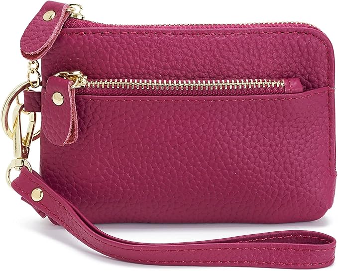 Genuine Leather Coin Purse for Women with Large Opening & Wrist Strap Navy (Rose)