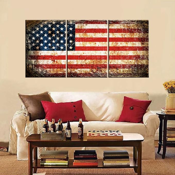 Canvas Wall Art Grunge USA Flag Pictures for Living Room White Red Striped Paintings Patriotism Retro Artwork Giclee Contemporary Home Decor Wooden Framed Ready to Hang Posters and Prints(48''Wx24''H)