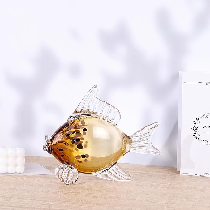 Amber Gold Blown Glass Fish Figurine – Handcrafted Art Glass Animal Sculpture, Ocean Coastal Home Decor, Elegant Ornament for Tabletop or Bookshelf Display (H)