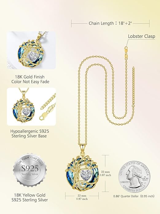 TOUPOP Tree of Life Birthstone Necklace 925 Sterling Silver Pendant Austrian Crystal Jewelry Anniversary Valentine's Day Birthday Gifts for Women Mom Her Wife