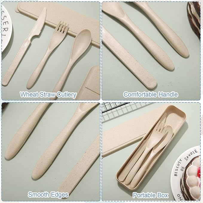 Yahenda 28 Sets Reusable Travel Utensils Set with Case Wheat Straw Cutlery Portable Spoon Knife Forks Plastic Tableware Lunch Box Accessories Bulk for Adult Travel Picnic Camping Utensil(Pastel Color)