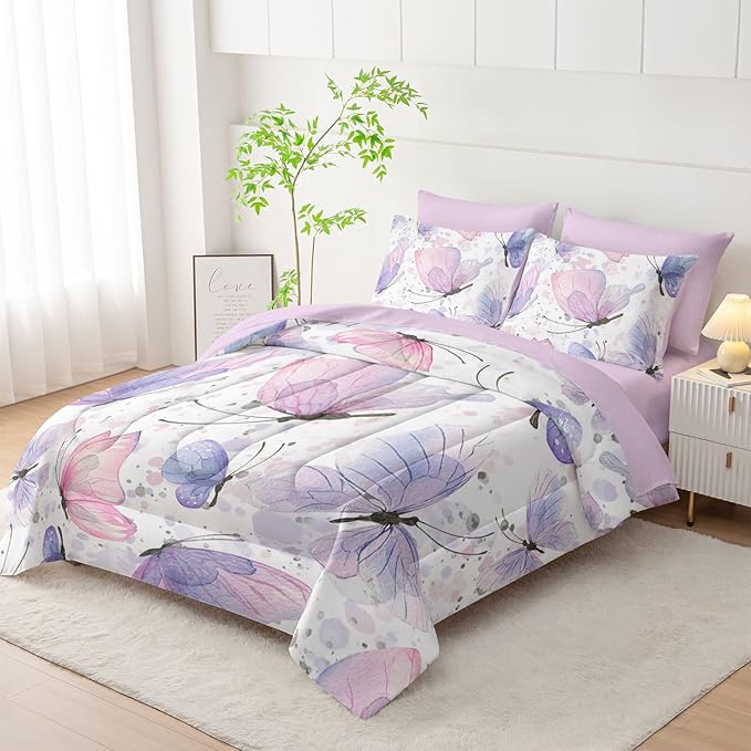 7Pcs Comforter Set Butterflies Printed Bedding Set with 1 Comforter, 1 Flat Sheet, 1 Fitted Sheet and 4 Pillowcases for Boys and Girls Bedroom All Season(Butterflies-2 Queen)