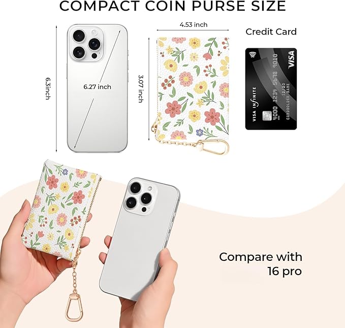 Multicolor Floral Keychain Coin Purse for Women, Small PU Leather Change Pouch, Zipper Little Tiny Travel Wallet for Girls, Cute Kawaii Zip Pocket Coin Holder with Key Ring