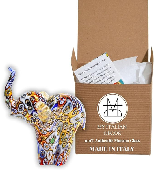 Handmade Authentic Murano Glass Millefiori Mosaic Elephant Figurine, 3.5" Tall, 24K Gold Foil Finish, Cute Glass Elephant Figurine, Collectible, Animal Ornament Gift Decor, Made in Italy