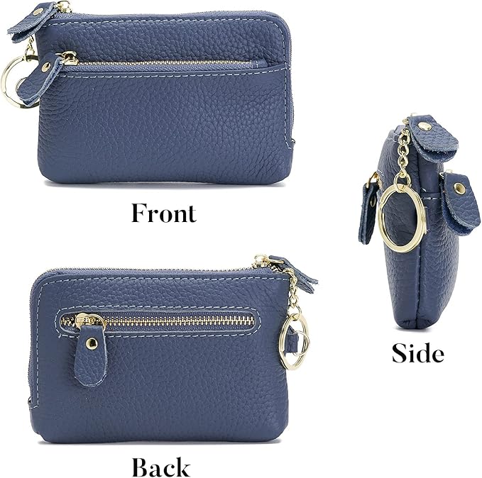 Genuine Leather Coin Purse for Women with Large Opening & Wrist Strap Navy (Navy)
