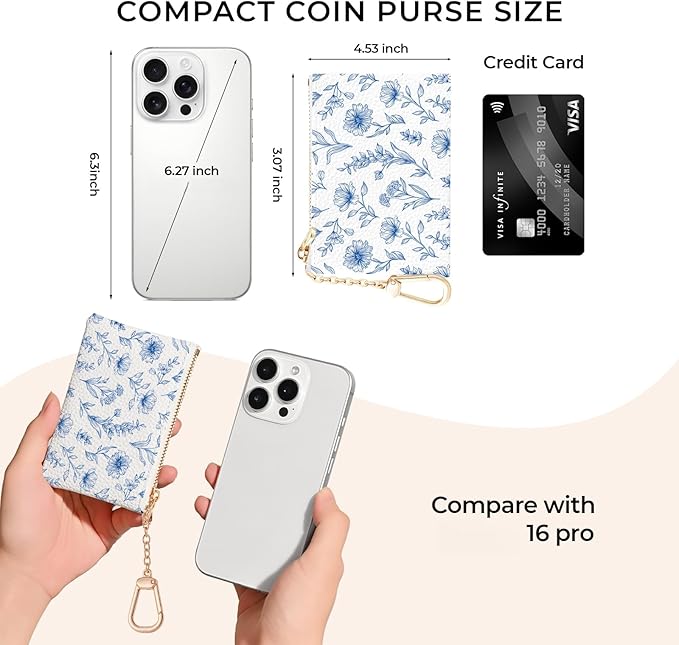 Blue Flower Keychain Coin Purse for Women, Abstract Small PU Leather Change Pouch, Zipper Little Tiny Travel Wallet for Girls, Cute Kawaii Zip Pocket Coin Holder with Key Ring