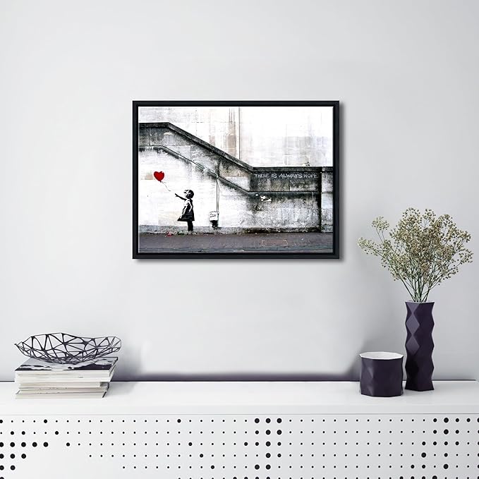 Wieco Art Framed Canvas Wall Art Giclee Canvas Prints of Banksy Grafitti Girl with Red Balloon Abstract Artwork for Wall Decor Home Decorations Black Frame