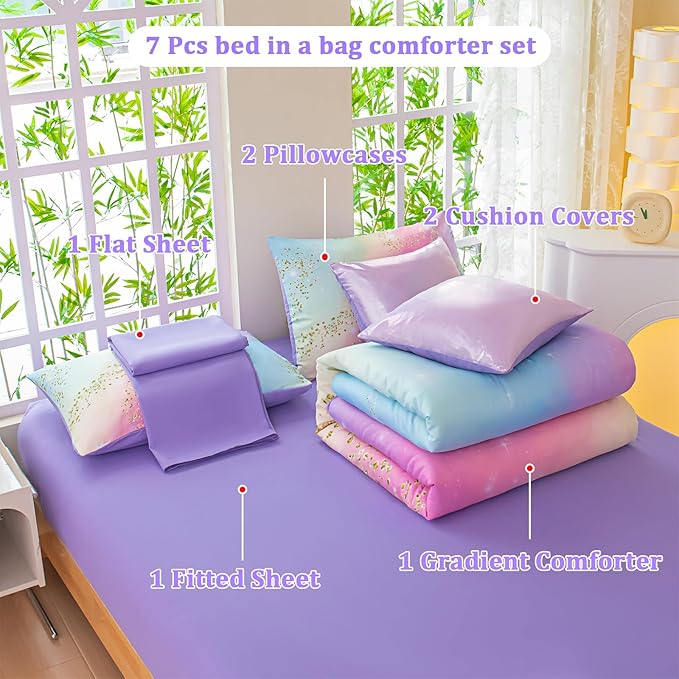 Rainbow Bedding Set Full Size – 7 Piece Reversible Girls Comforter with Deep-Pocket Sheet, Gradient Galaxy Design, Whole-Piece Filling, Machine Washable Bed-in-a-Bag for Kids Room Makeover & Gifts