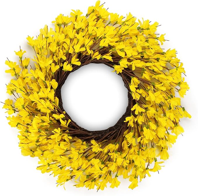 Huashen 24 Inch Yellow Forsythia Wreath Winter Front Door Blossom Cluster Flower Farmhouse on Grapevine for Festival Celebration Wall Window Decoration Home Christmas Décor