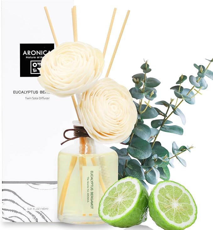 Aronica Twin Sola Diffuser 160ml_Eucalyptus and Bergamot Essential Oil Sticks, Non Toxic Reed Diffusers for Home, Natural Gift for Men, Rosemary Aromatherapy
