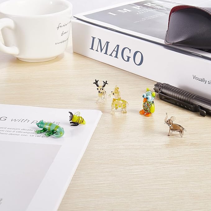 6Pcs Hand Blown Glass Figurines Includes Christmas Reindeer,Birds,Giraffes,Bees,Chameleon,Elephant Glass Figurines for Collectibles, Home Decoration,Gifts