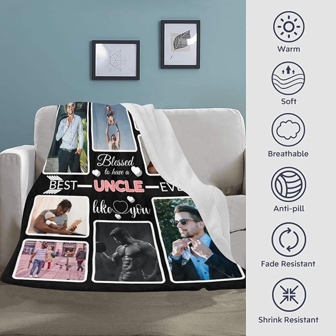 Custom Blanket Gifts for Uncle, Customized Blankets with Photos, Make a Personalized Bed Throws to My Uncle, Custom Souvenir Throw Blanket for Best Uncle Ever, 8 Collages Made in USA