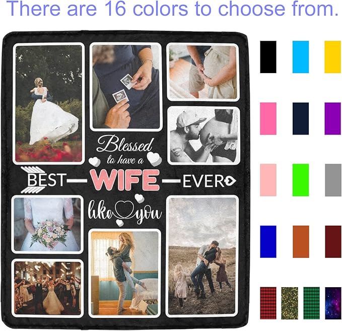 Custom Blanket Gifts with Photos, Personalized Bed Throws for Best Wife, Custom Souvenir Throw Blanket, 8 Collages Made in USA