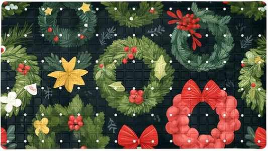 Bathtub Mats for Shower Tub, Christmas Wreath New Year Tree Cartoon Pattern Anti-Slip Bath Mats for Inside Tub, Bathroom Shower Mats with Drain Holes and Suction Cups