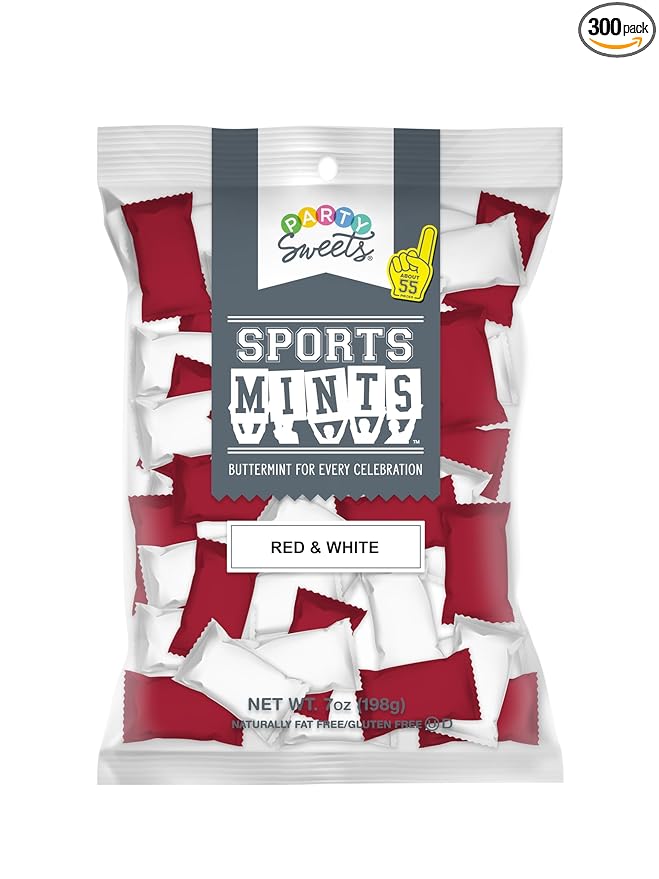 Party Sweets Red & White Sports Mints by Hospitality Mints, Appx 300 mints, 7-Ounce Bags (Pack of 6)