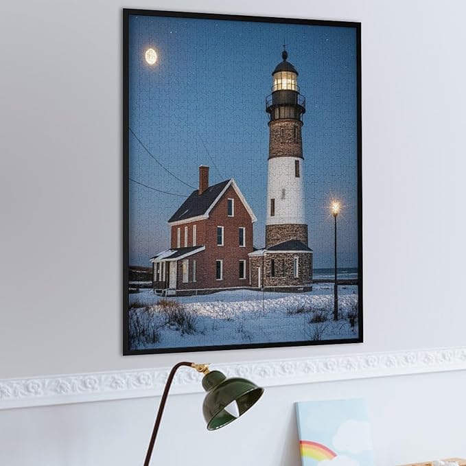 Puzzles for Adults 1000 Pieces Wooden Jigsaw Puzzle - Lighthouse Near Building Winter Theme Puzzle，Party Games，Family Toys，Educational Puzzles，Stress Relief Wooden Puzzle，Gifts for Family and Friends