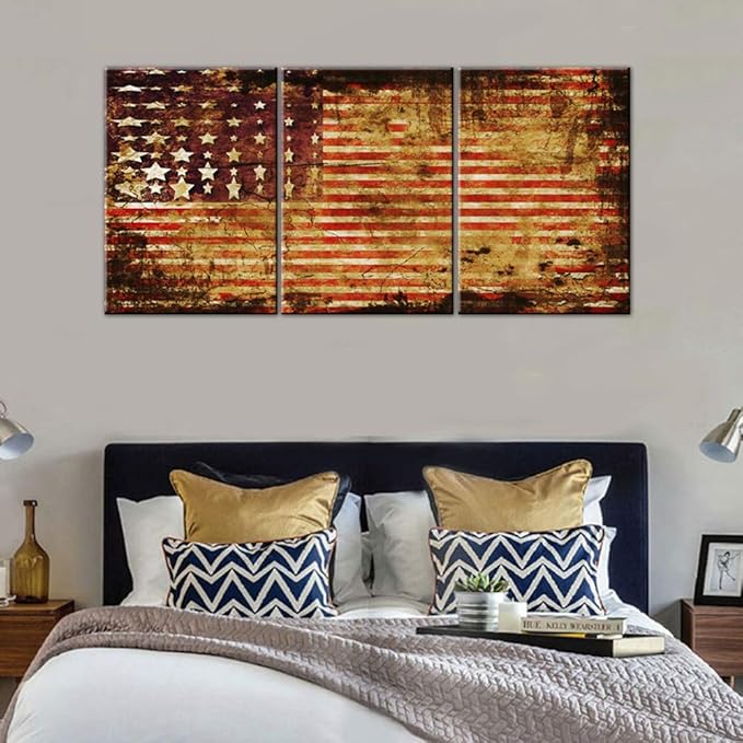 3 Panel Canvas Wall Art Stars Stripes Prints Paintings for Living Room America Flags Grunge Artwork Giclee Patriotism Modern Pictures Home Decoration Framed Gallery-Wrapped Ready to Hang(48''Wx24''H)