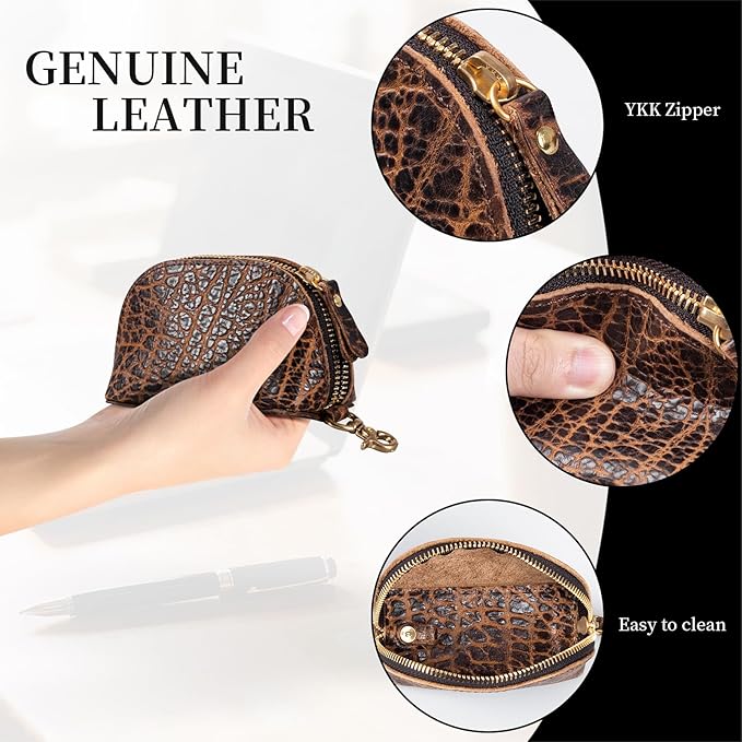 Gexmil Genuine Leather Coin Purse with Zipper, Full Grain Leather, Mini Coin Pouch for Women Men, Change Wallet,Giant Pebble Brown