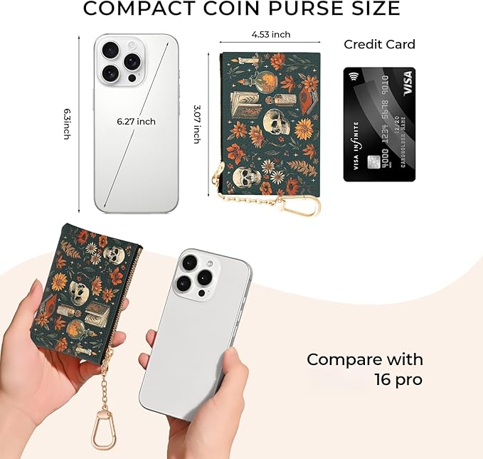 Halloween Goth Skull Keychain Coin Purse for Women, Vintage Gothic Skeleton Flower Book Small PU Leather Change Pouch, Zipper Little Tiny Travel Girls Wallet, Zip Pocket Key Ring Coin Holder