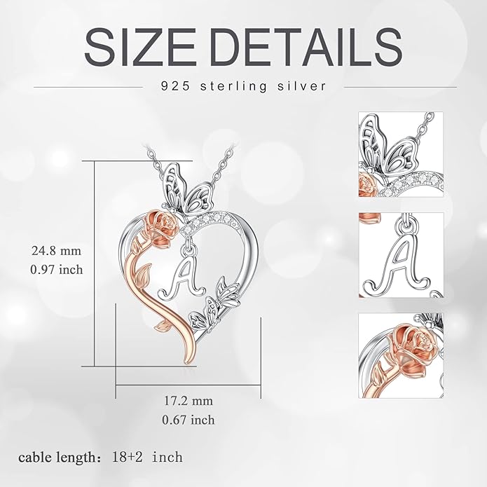 TOUPOP Rose Heart Necklaces Gifts for Women 925 Sterling Silver Butterfly Heart Initial Necklace Anniversary Valentines Day Birthday Jewelry Gifts for Mom Her Wife Girlfriend Daughter